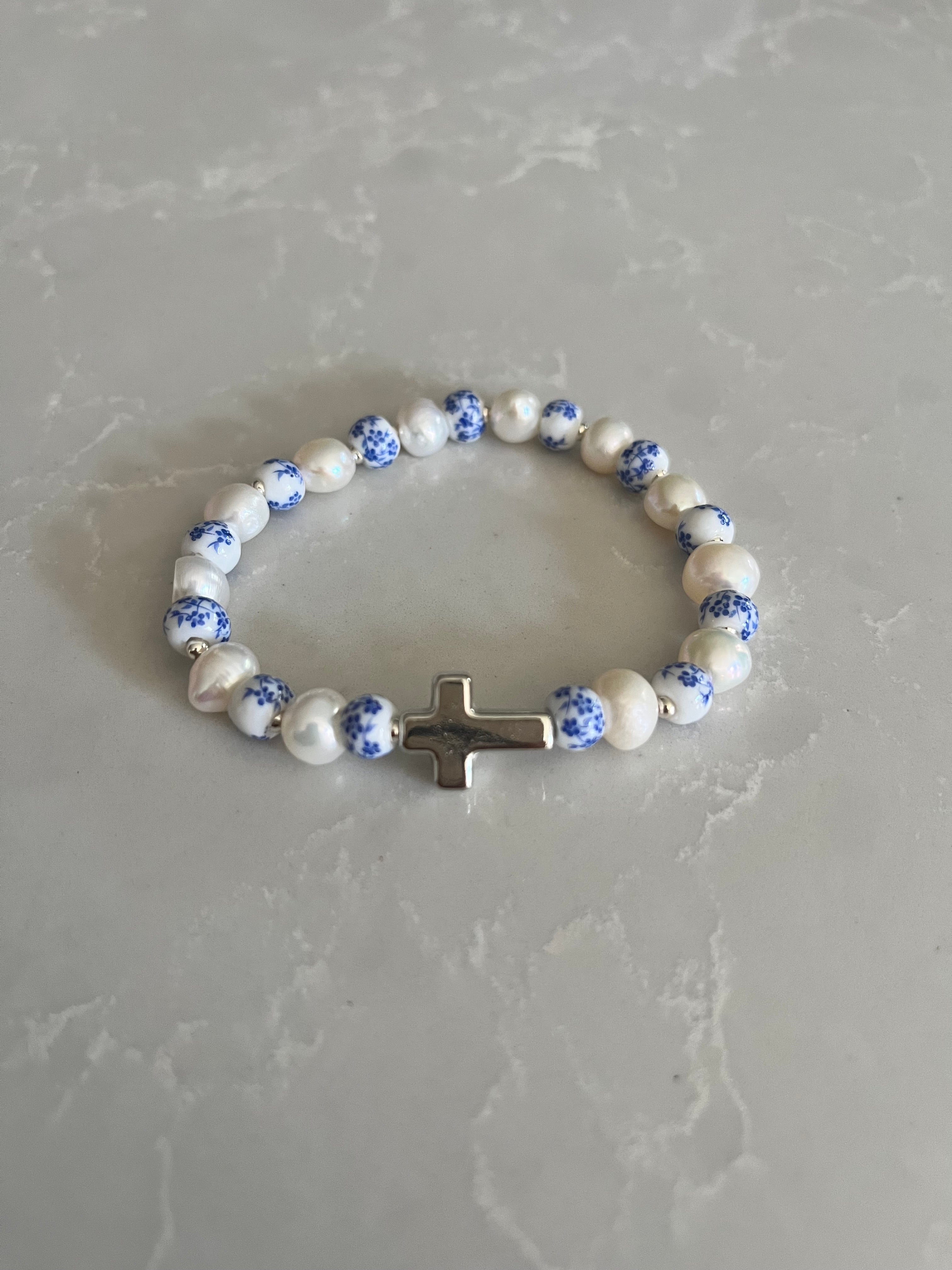 Floral Pearl Cross Bracelet – Christian Jewelry for Women
