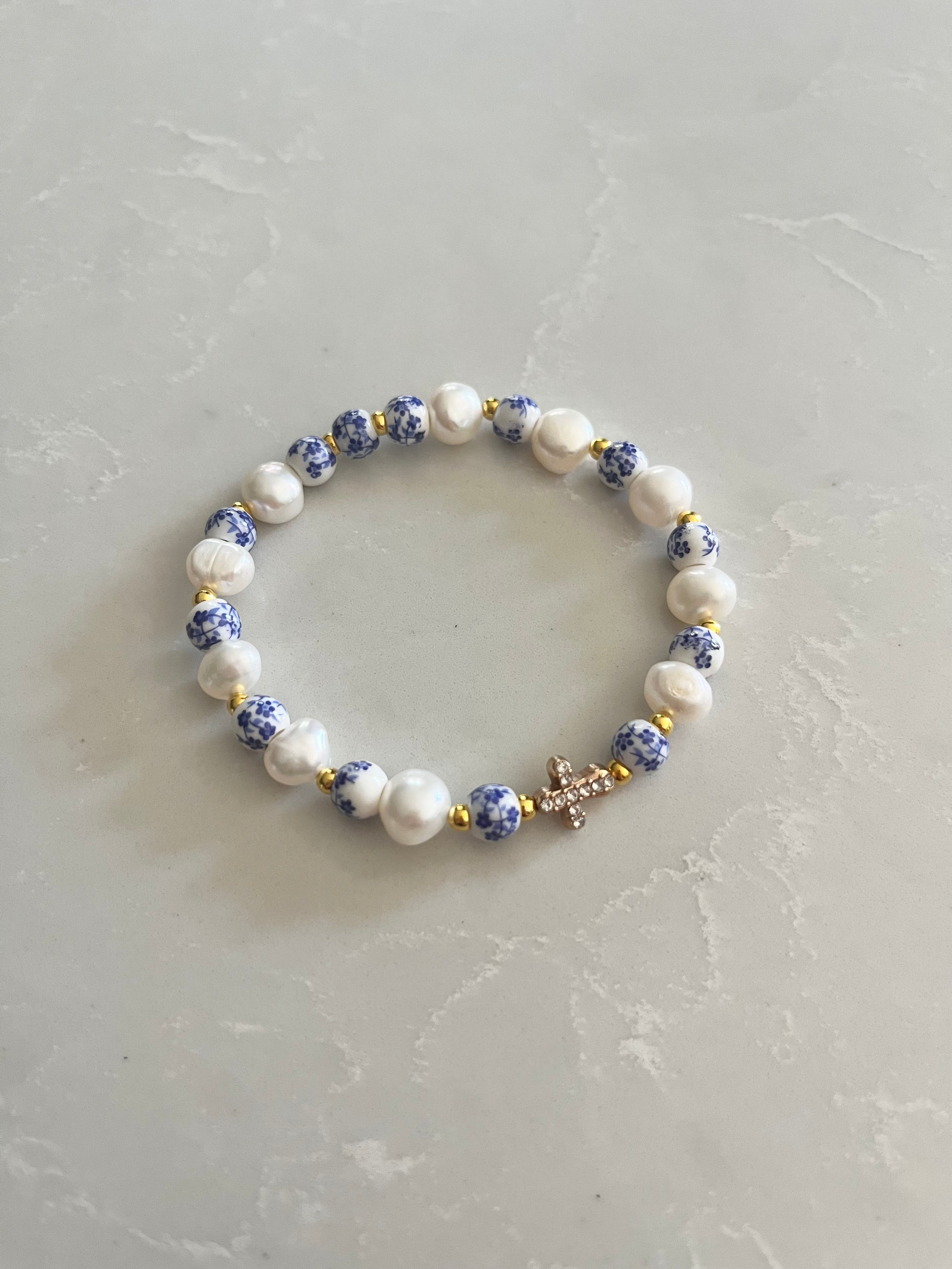 Floral Pearl Cross Bracelet – Christian Jewelry for Women