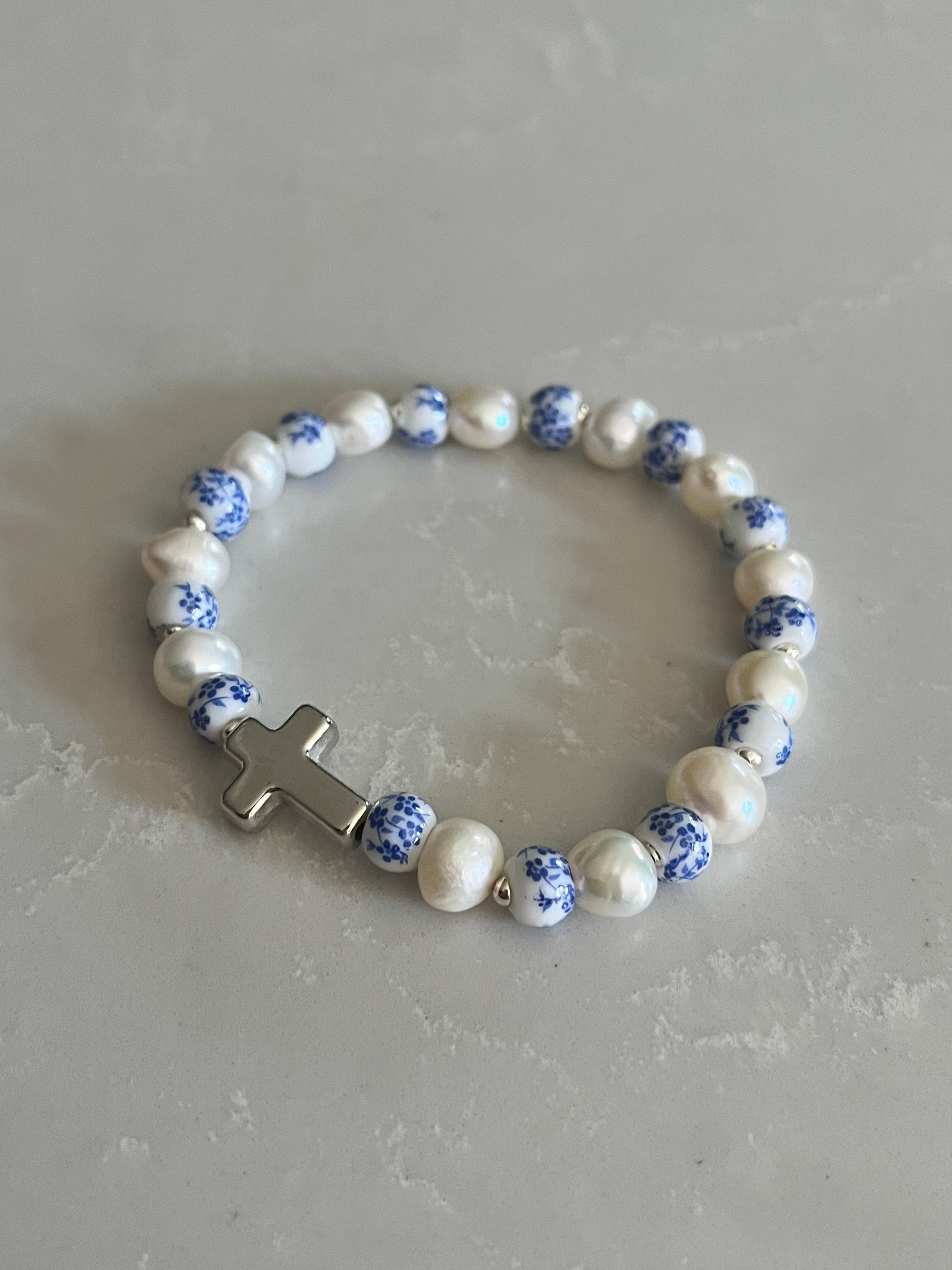 Floral Pearl Cross Bracelet – Christian Jewelry for Women