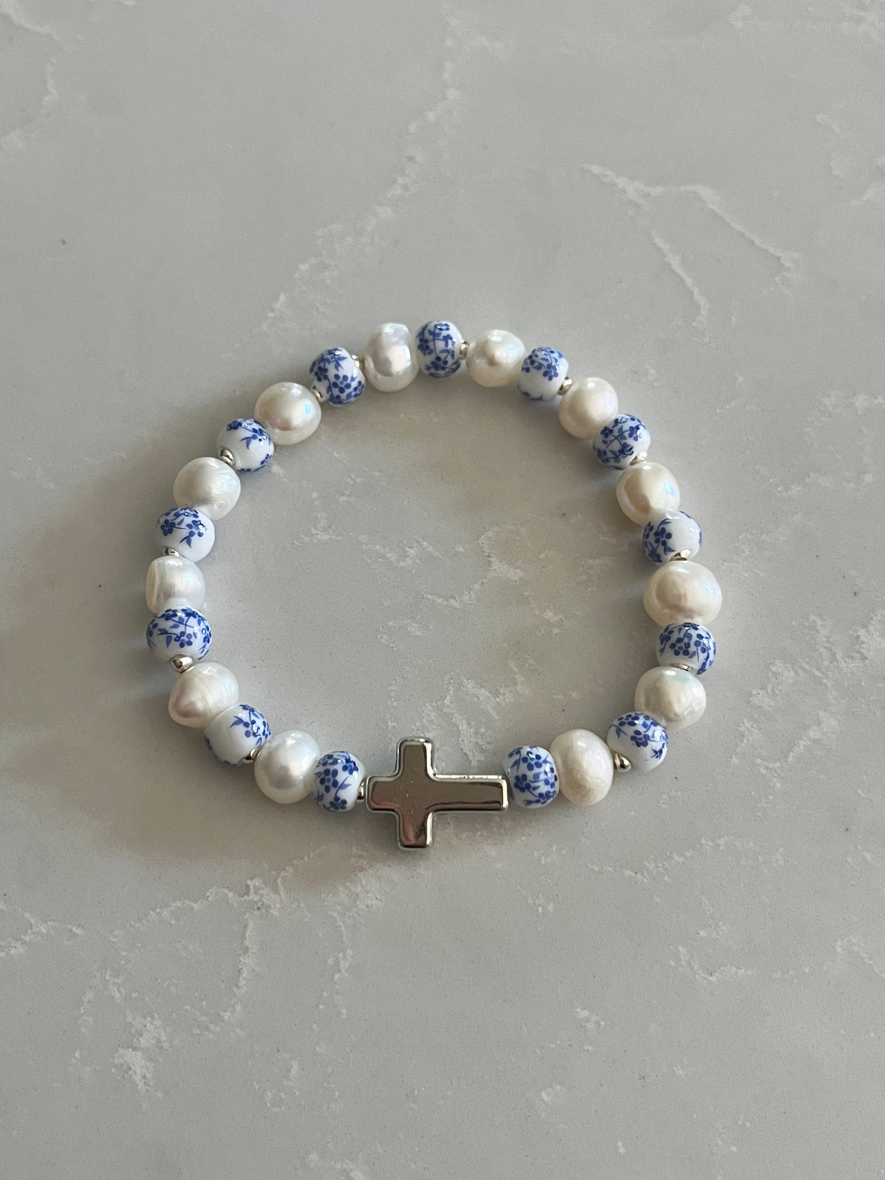 Floral Pearl Cross Bracelet – Christian Jewelry for Women