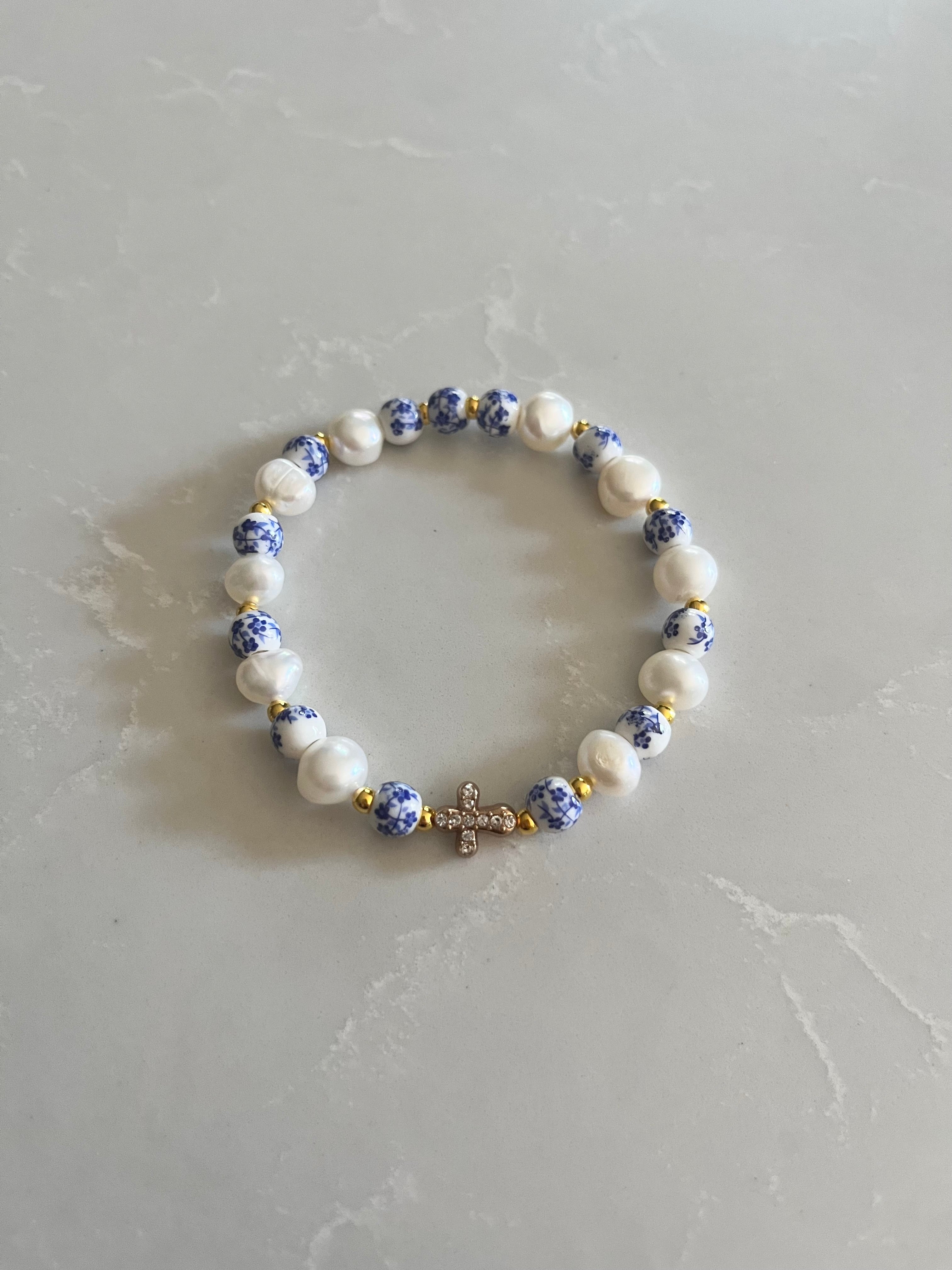 Floral Pearl Cross Bracelet – Christian Jewelry for Women