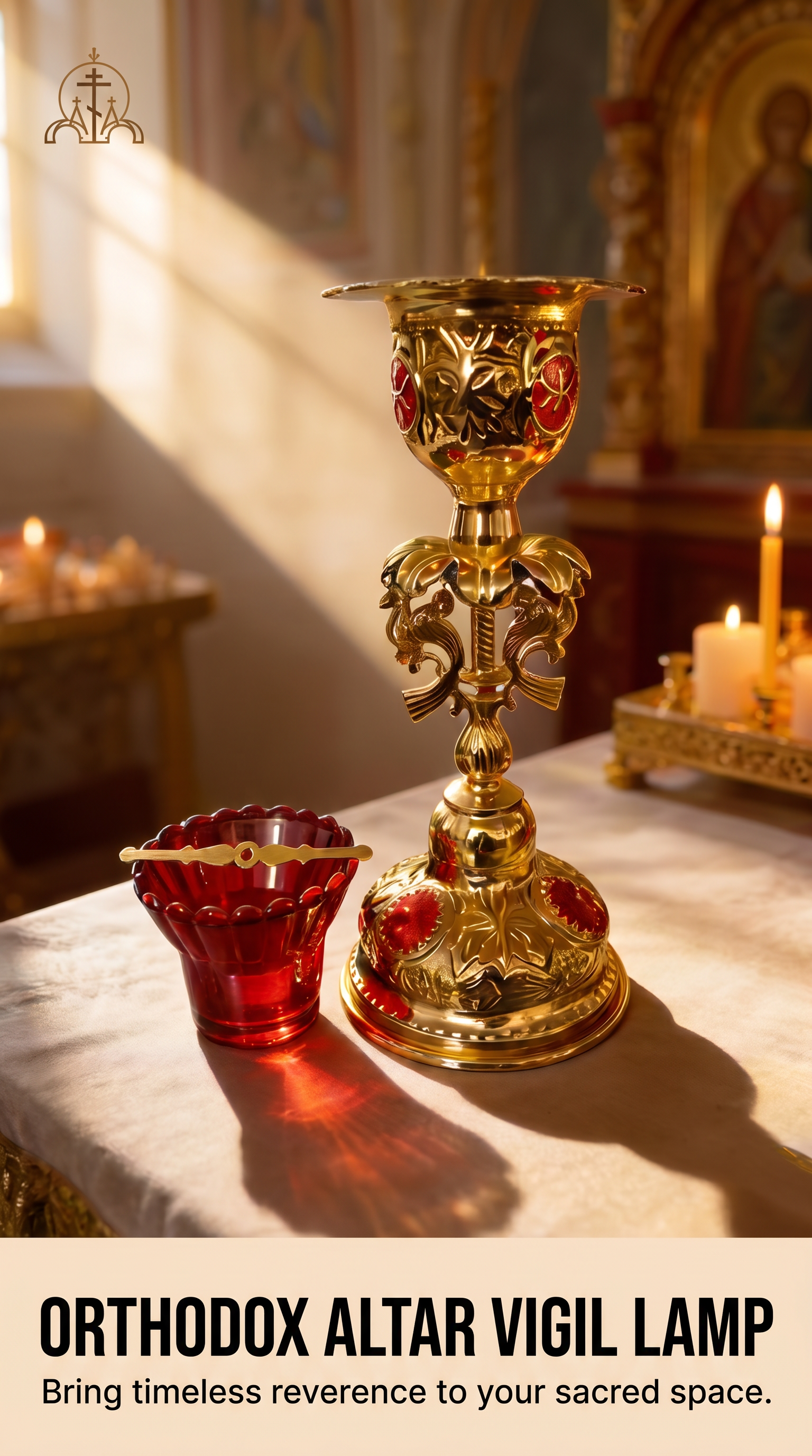 Luxury Orthodox Gold-Plated Altar Vigil Lamp with Red Enamel