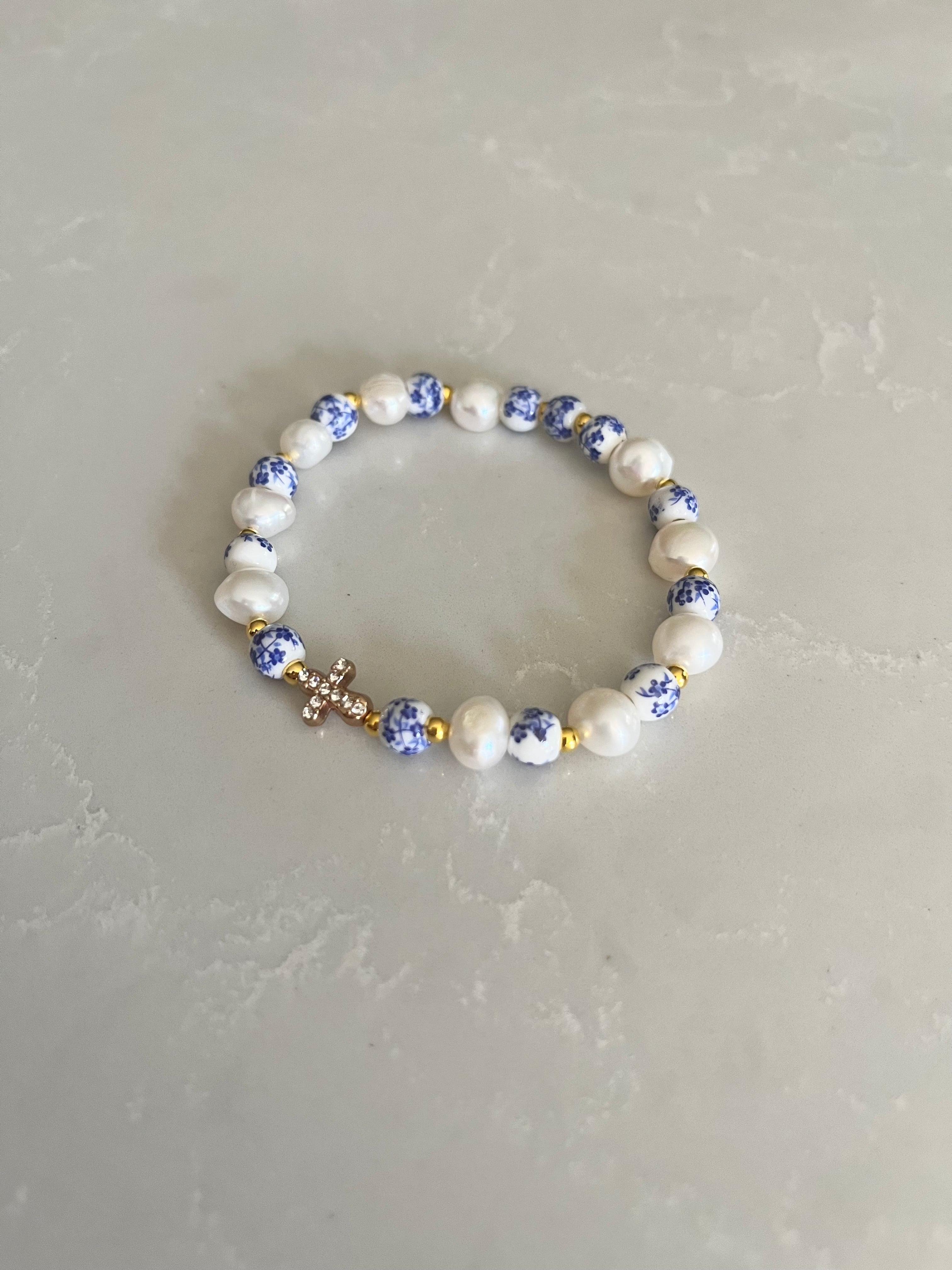 Floral Pearl Cross Bracelet – Christian Jewelry for Women