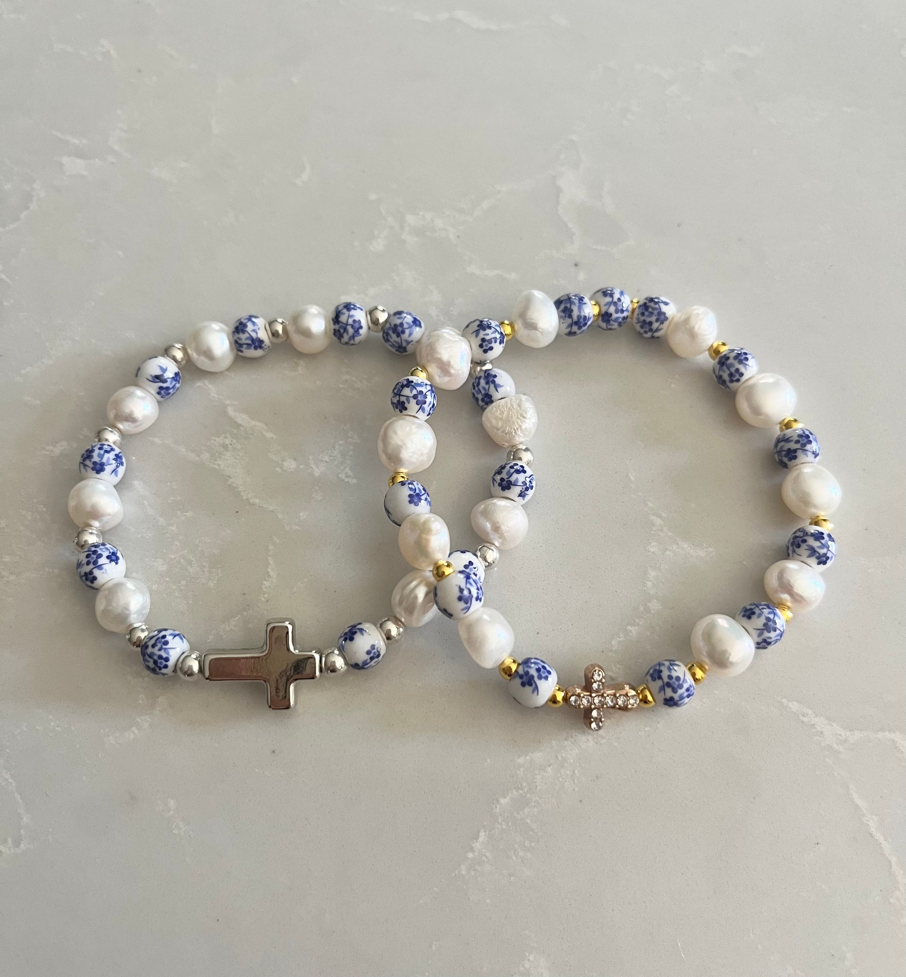 Floral Pearl Cross Bracelet – Christian Jewelry for Women