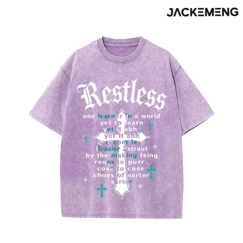 Washed Oversized Cotton Tshirt With Hip Hop Brush Print Retro Streetwear Daily Casual Wear Tee USA Warehouse Wholesale