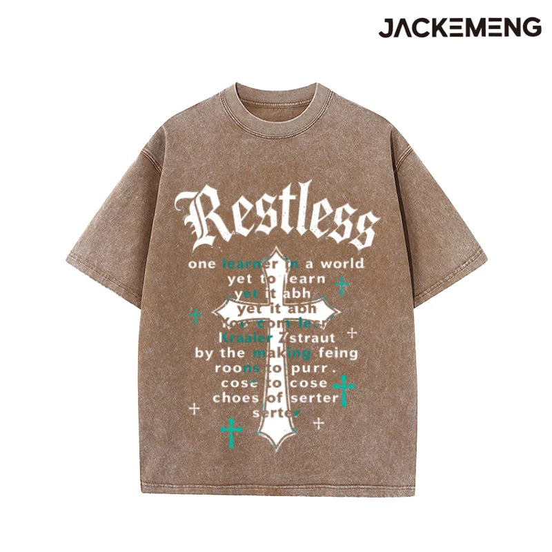 Washed Oversized Cotton Tshirt With Hip Hop Brush Print Retro Streetwear Daily Casual Wear Tee USA Warehouse Wholesale