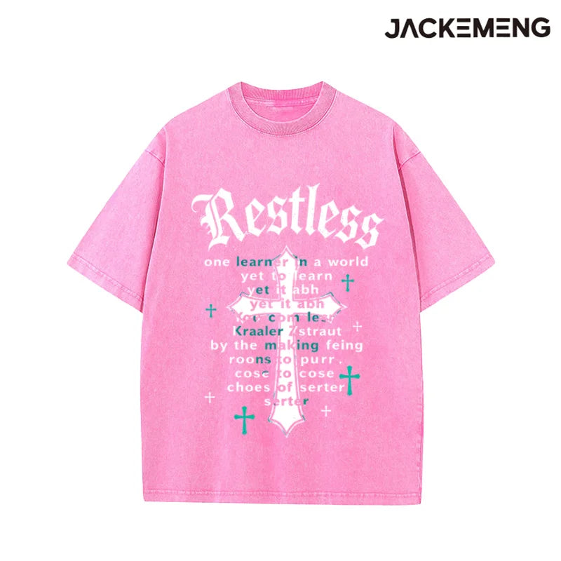 Washed Oversized Cotton Tshirt With Hip Hop Brush Print Retro Streetwear Daily Casual Wear Tee USA Warehouse Wholesale