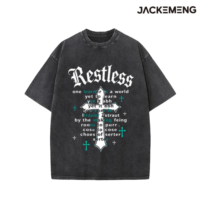 Washed Oversized Cotton Tshirt With Hip Hop Brush Print Retro Streetwear Daily Casual Wear Tee USA Warehouse Wholesale