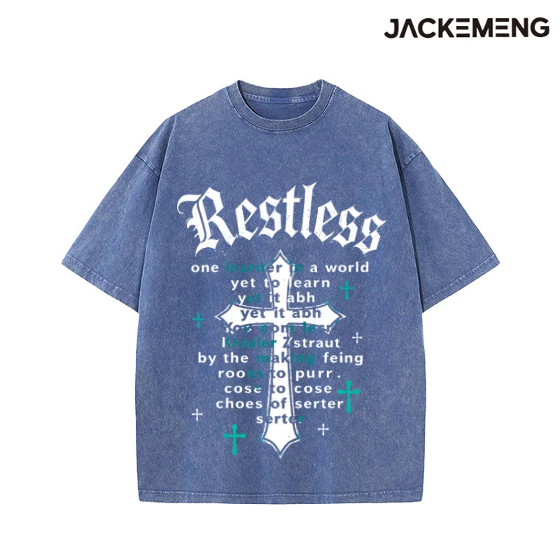 Washed Oversized Cotton Tshirt With Hip Hop Brush Print Retro Streetwear Daily Casual Wear Tee USA Warehouse Wholesale