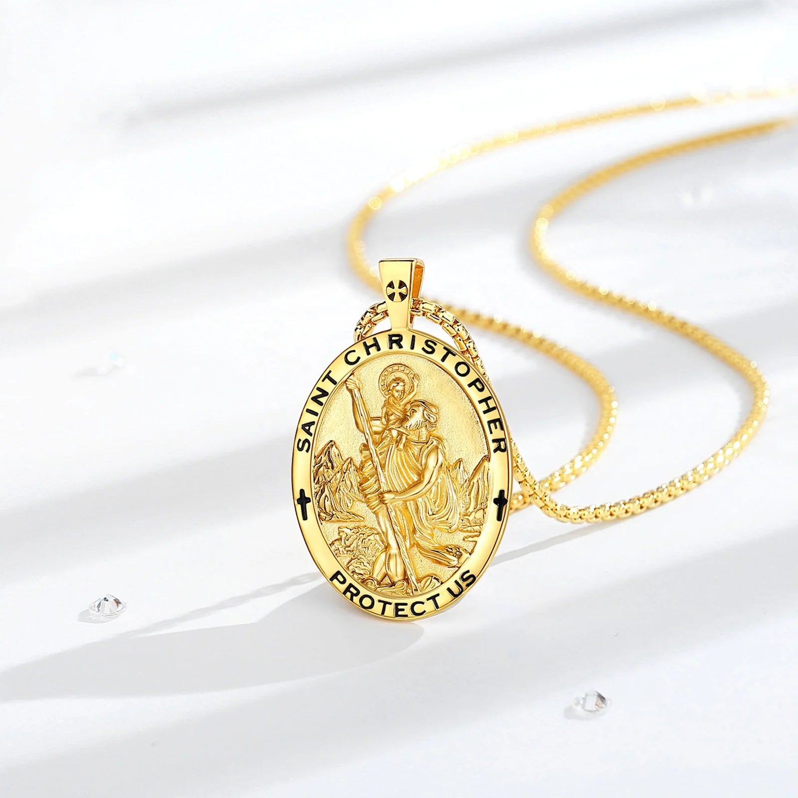 Catholic Jewelry 925 Sterling Silver 18K Gold Plated Jewellery Saint Christopher Protection Oval Shaped Pendant Necklace for Men