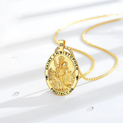 Catholic Jewelry 925 Sterling Silver 18K Gold Plated Jewellery Saint Christopher Protection Oval Shaped Pendant Necklace for Men
