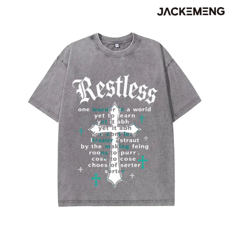 Washed Oversized Cotton Tshirt With Hip Hop Brush Print Retro Streetwear Daily Casual Wear Tee USA Warehouse Wholesale