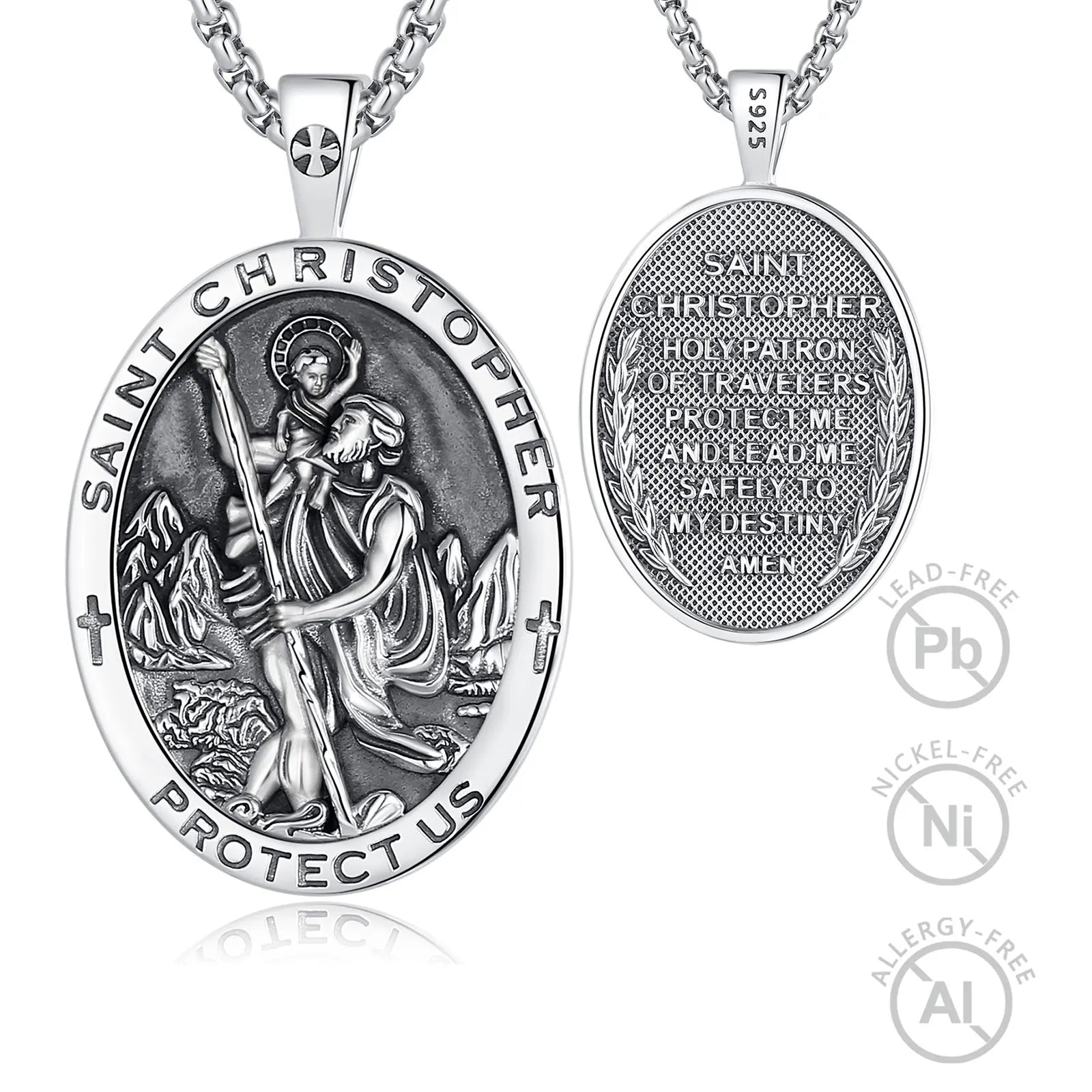 Catholic Jewelry 925 Sterling Silver 18K Gold Plated Jewellery Saint Christopher Protection Oval Shaped Pendant Necklace for Men