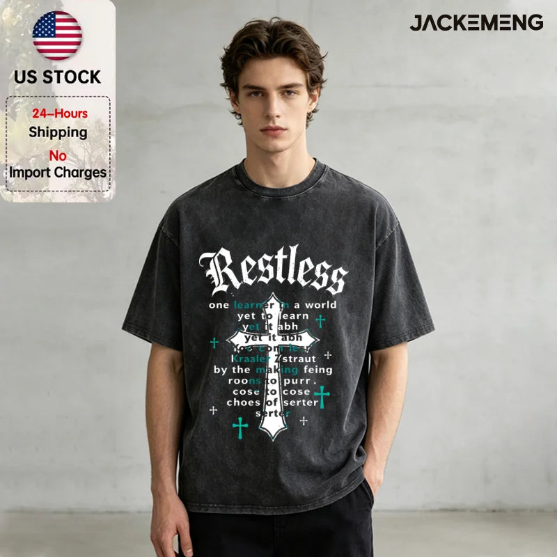 Washed Oversized Cotton Tshirt With Hip Hop Brush Print Retro Streetwear Daily Casual Wear Tee USA Warehouse Wholesale