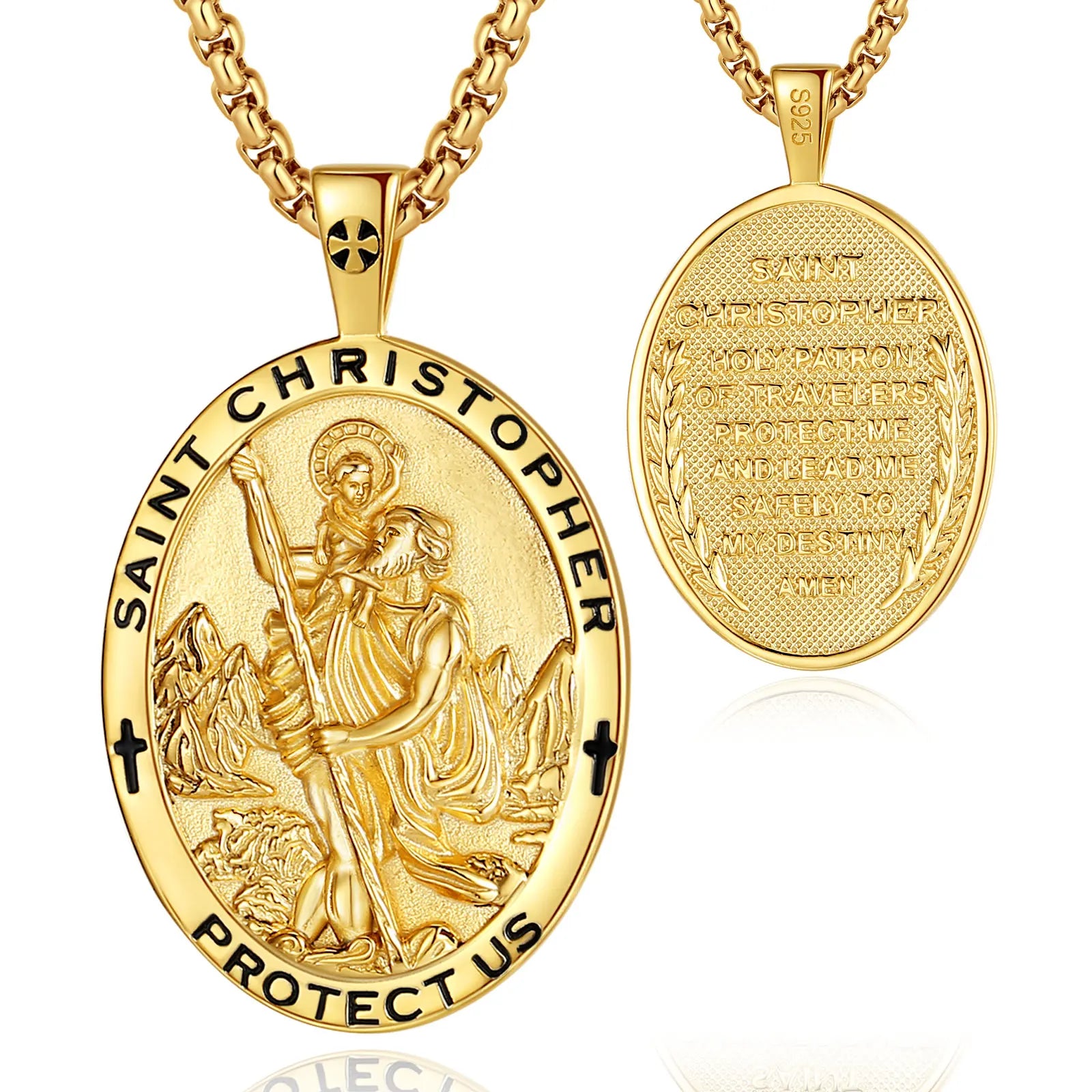 Catholic Jewelry 925 Sterling Silver 18K Gold Plated Jewellery Saint Christopher Protection Oval Shaped Pendant Necklace for Men