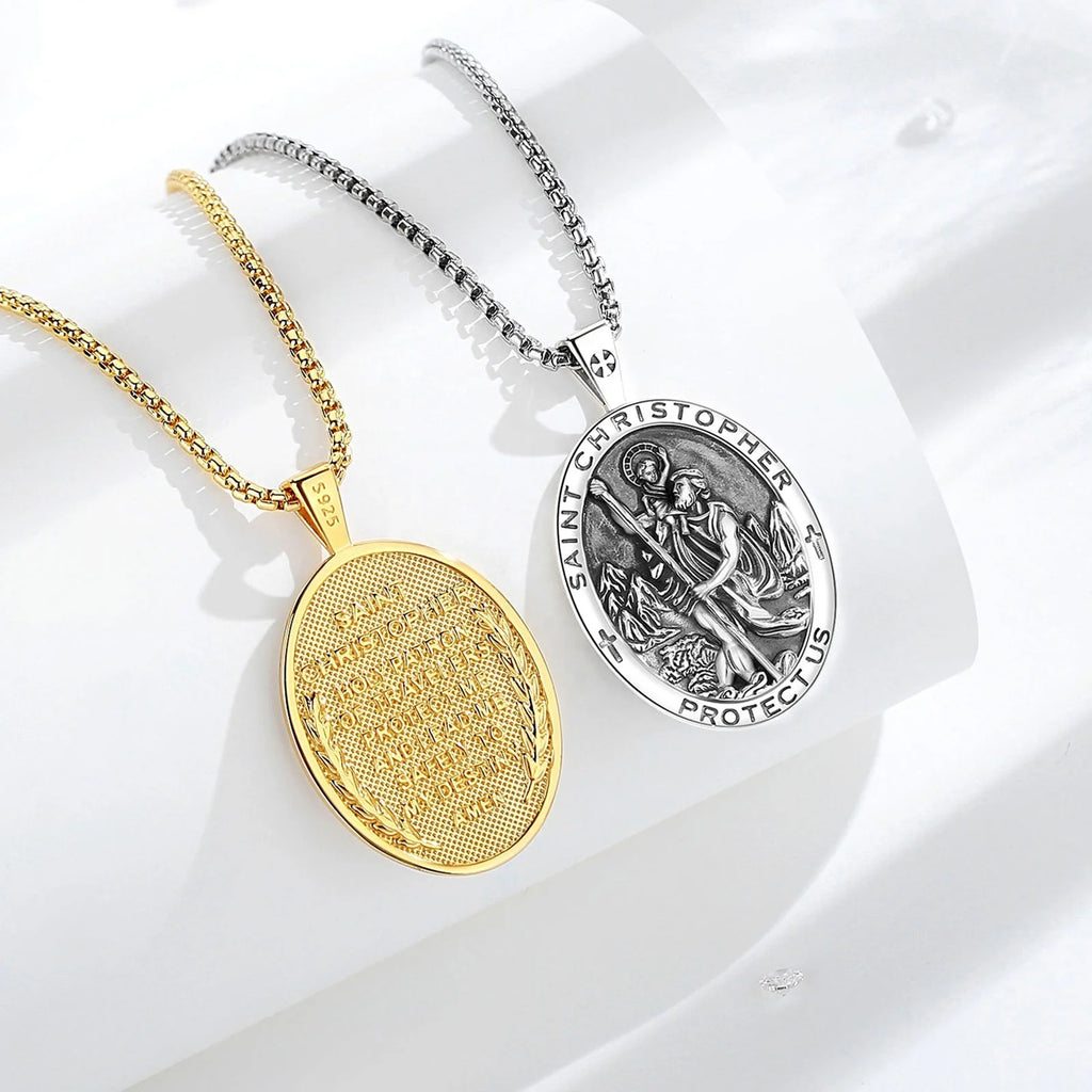 Catholic Jewelry 925 Sterling Silver 18K Gold Plated Jewellery Saint Christopher Protection Oval Shaped Pendant Necklace for Men