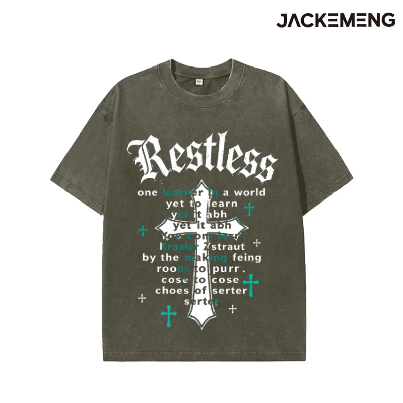 Washed Oversized Cotton Tshirt With Hip Hop Brush Print Retro Streetwear Daily Casual Wear Tee USA Warehouse Wholesale