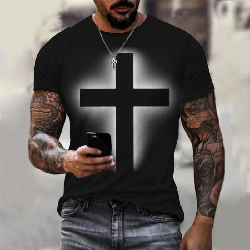 3D Print Christian T Shirts Oversized Tee Shirt Gothic Jesus Christ Cross O-Neck Tops Vintage Hip Hop Short Sleeve Men Clothing