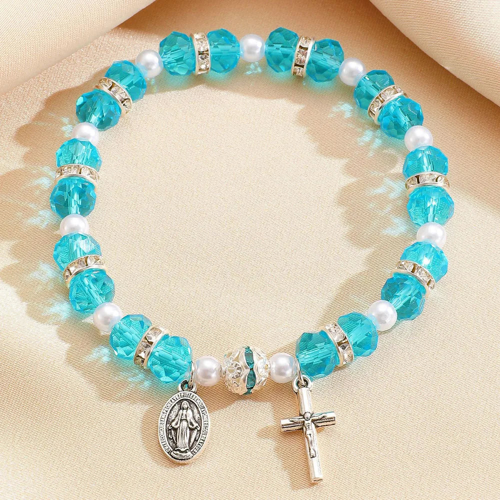 Christian Crystal Pearl Bracelet Jesus Cross Virgin Mary Pendant Religious Jewelry for Women Boho Y2K Prayer Wrist Jewelry Gift