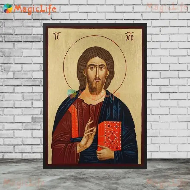 Christ Blessing Icon Orthodox Pantocrator Wall Art Unframed Canvas Painting for Church Room Decor