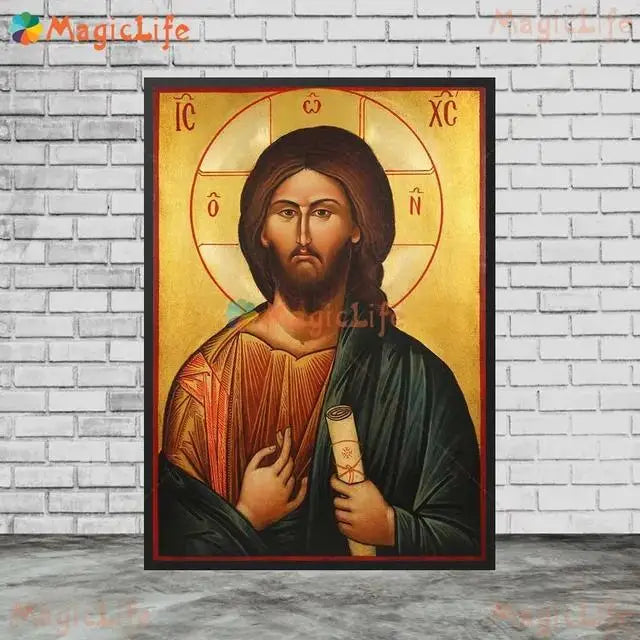 Christ Blessing Icon Orthodox Pantocrator Wall Art Unframed Canvas Painting for Church Room Decor