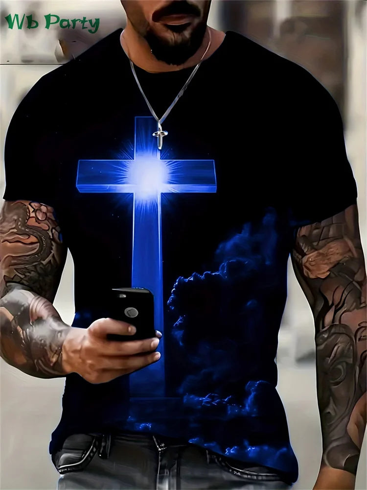 Fashion Crucifix Print Mens Clothing Round Neck T-shirts for Men Casual Loose Men's Clothing Street Crucifix Graphic T shirts