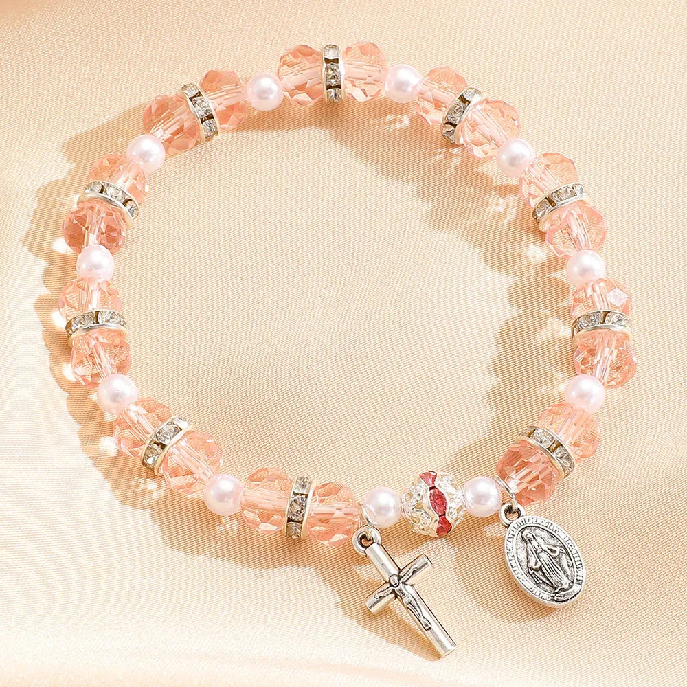 Christian Crystal Pearl Bracelet Jesus Cross Virgin Mary Pendant Religious Jewelry for Women Boho Y2K Prayer Wrist Jewelry Gift