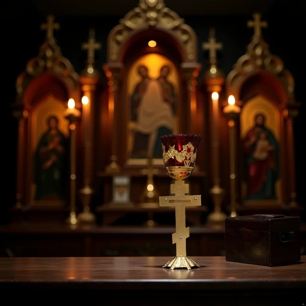 Christian Oil Lamp with Chalice and Crucifix, Zinc Alloy Red Glass Wick Holder, Religious Home Altar, Church Decor