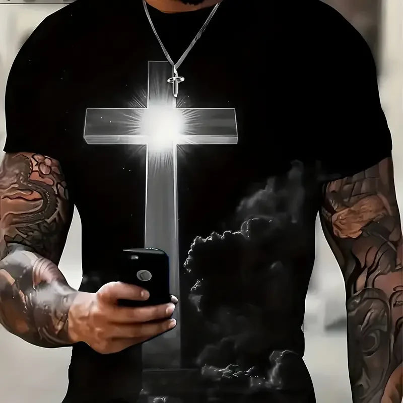 Cross Jesus 3D Printed Men's T-Shirt Vintage Harajuku Street Tops Tee Breathable Oversized Sports T Shirt Casual Men Clothing