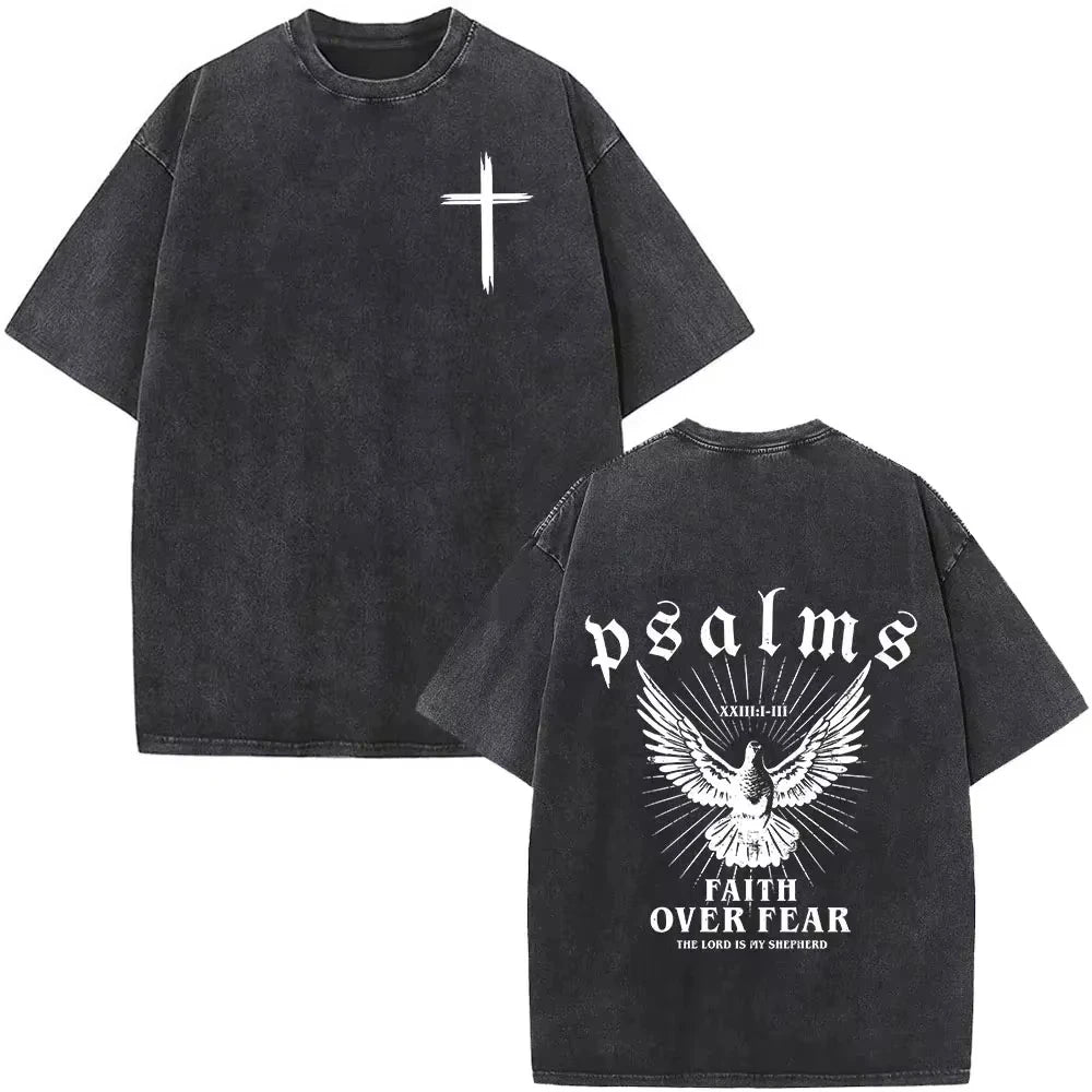 2026 new Christianity-themed patterned printed vintage washed water buffalo denim T-shirt  Fashion hip-hop short-sleeved T-shirt