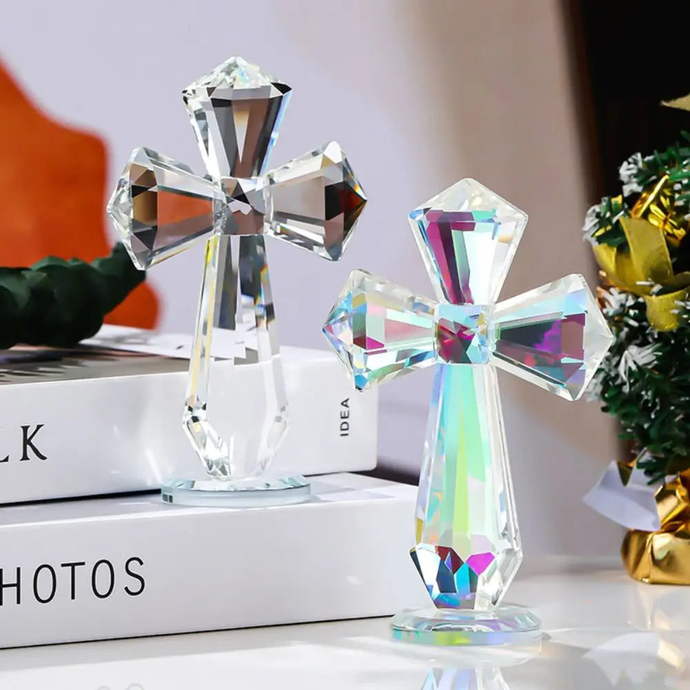 Creative AB Color Crystal Cross Ornament Standing Exquisite Christian Cross Crafts Handmade Crosses Figurine Christian Decor