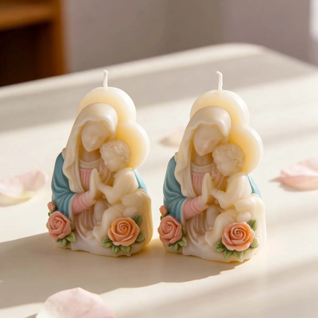 Virgin Mary Baby Jesus Silicone Mold 3D Religious Candle Soap Resin Mold Rose Accents Sacred Heart Easter Christmas Home Decor
