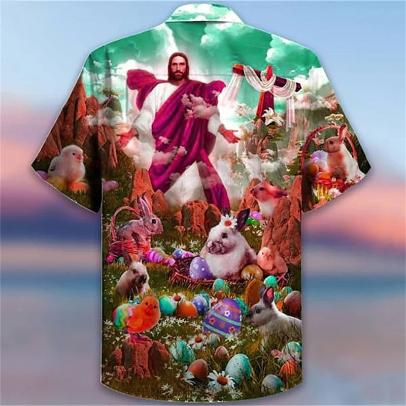 Jesus Christ Animal Shirts For Men Hawaiian 3d Printed Pattern Christians Mary Crucified Breathable Beach Casual Short Sleeved