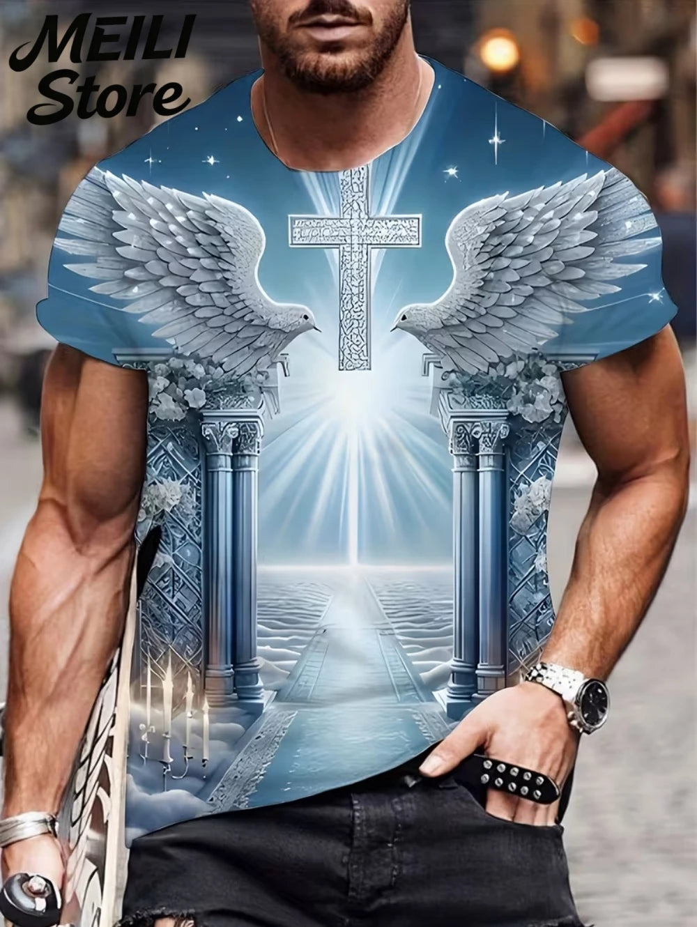 Men's 3D Jesus Print T-Shirt Short Sleeve Casual Crew Neck Praying Hands Design T Shirt for Men New in Oversized Tee Shirt Tops