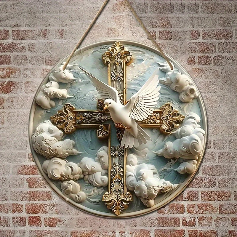 Contemporary Christian Crosses Wall Hanging Decorative Sign,Manufactured Wood,2D Flat Circle Plaque for Room,Kitchen Decor