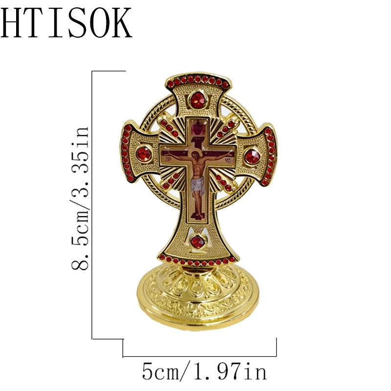 Exquisite Red Crystal Inlaid Gold Orthodox Desktop Cross Standing Crucifix for Christian Devotion Home Decor and Faith Collectio