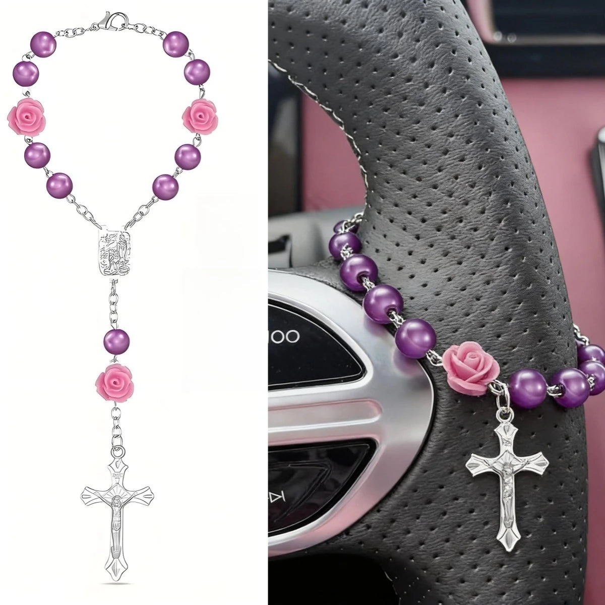 Christian Car Gift,Cross Steering Wheel Prayer Beads Charm,Catholic Prayer Protection Ornament,Interior Decor,Hanging Accessor
