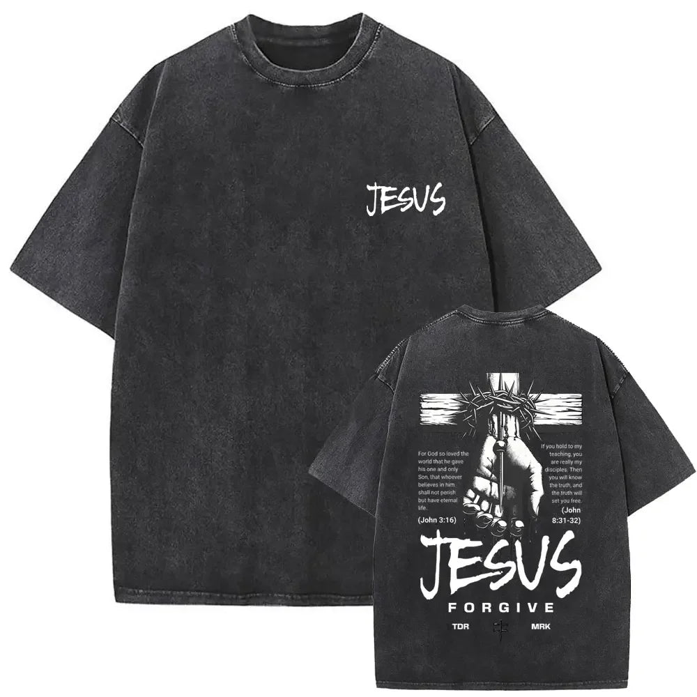 Christian Religious Jesus Forgive Them Father Vintage Washed T-shirt Men Women Gothic Rock Oversized T Shirts Tops Streetwear