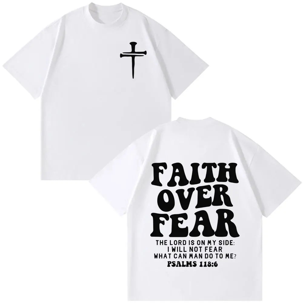 Faith Over Fear Christian Minimalist Cross Bible Verse Graphic T-Shirt Men Women Vintage T-shirt Loose Casual Oversized T-shirts