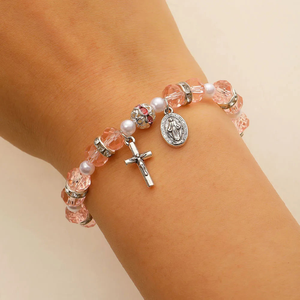 Christian Crystal Pearl Bracelet Jesus Cross Virgin Mary Pendant Religious Jewelry for Women Boho Y2K Prayer Wrist Jewelry Gift