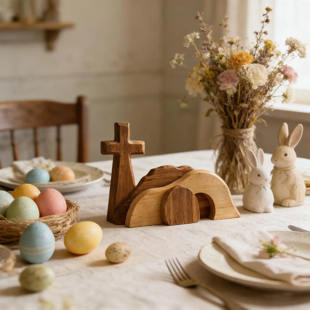Christian Easter Empty Tomb Scene Wooden Tabletop Centerpiece Religious Decor for Home Church Shelf Desk Spring Holiday Display