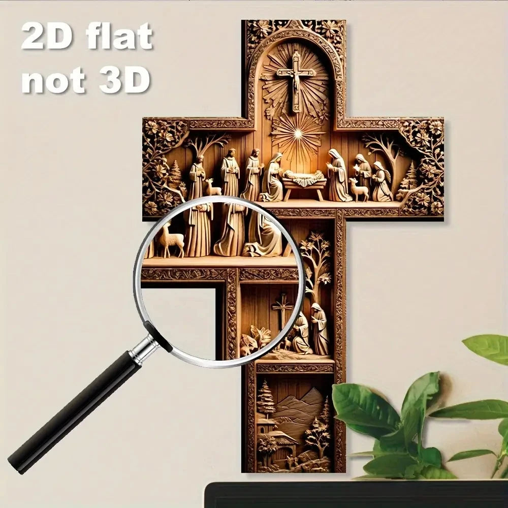 2D Flat Cross-Shaped Wall Decoration Jesus Christ Recycled Wood Christian Religion Artistic Scene Home Decor Faith-Based Design