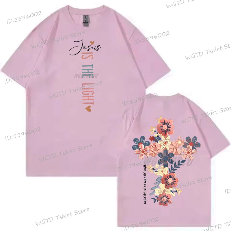 Jesus Is The Light Christian T Shirt Inspirational Floral Cross Vintage T Shirts Women Gift for Christian Religious T Shirts