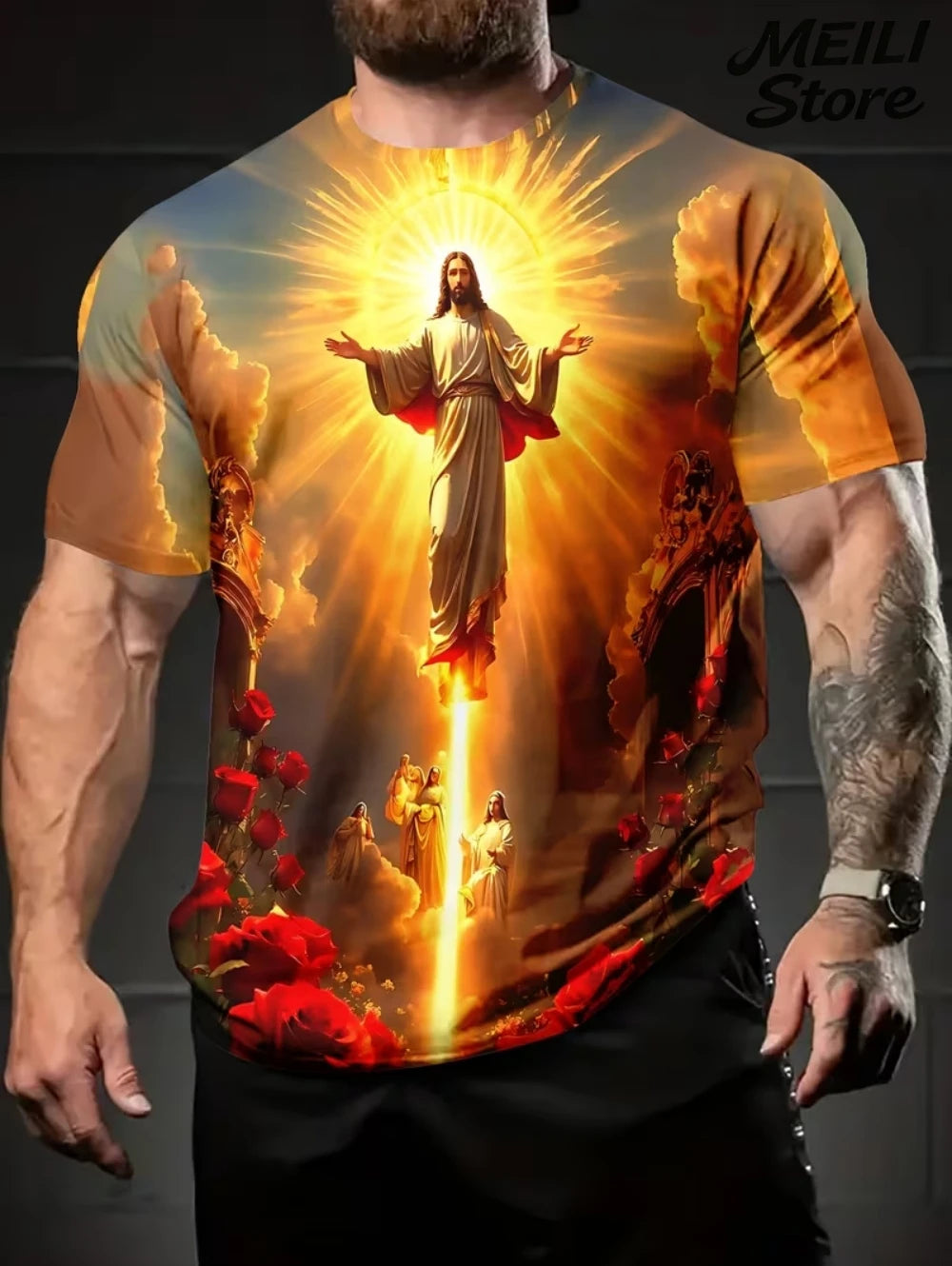 Men's 3D Jesus Print T-Shirt Short Sleeve Casual Crew Neck Praying Hands Design T Shirt for Men New in Oversized Tee Shirt Tops