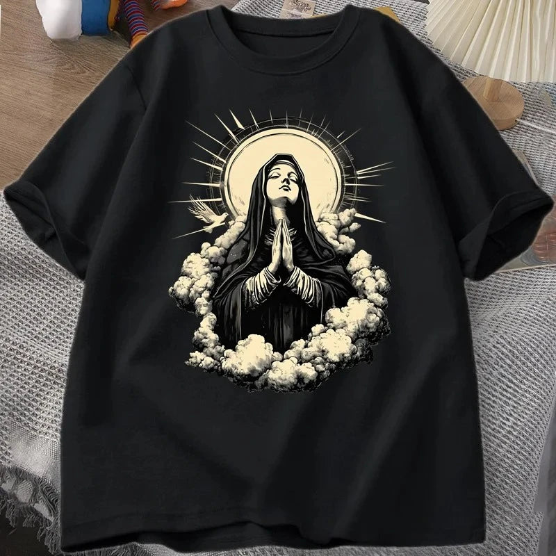 Christian T Shirt Virgin Mary Graphic Tshirt Faith Unisex Tee Christmas or Easter T-shirt Tee Shirt Cotton Short Sleeve Clothes
