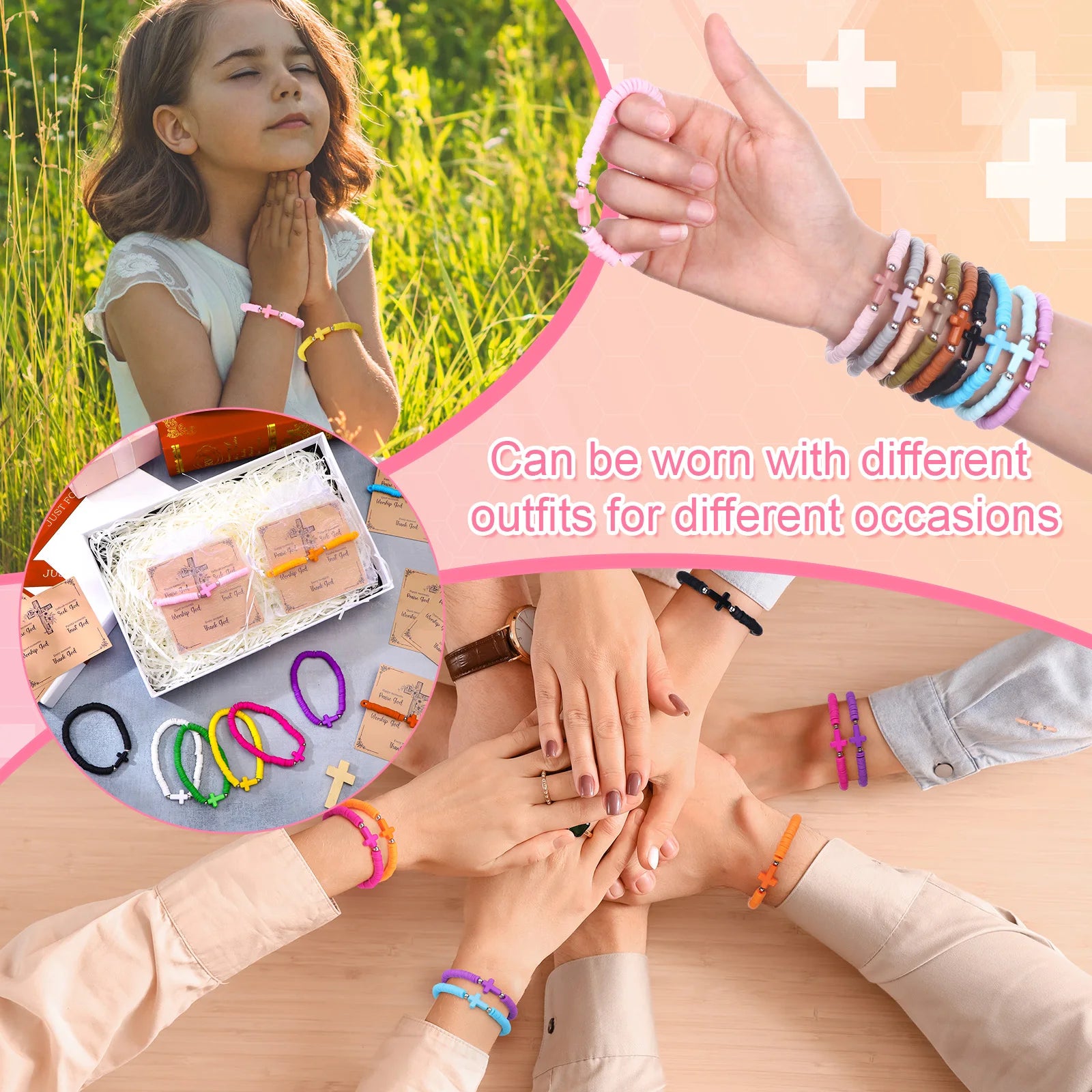 20 Sets Christian Gifts for Women Wen Cross Bracelets Bulk Jesus Friendship Bracelets with Cards Elastic Polymer Clay Beaded