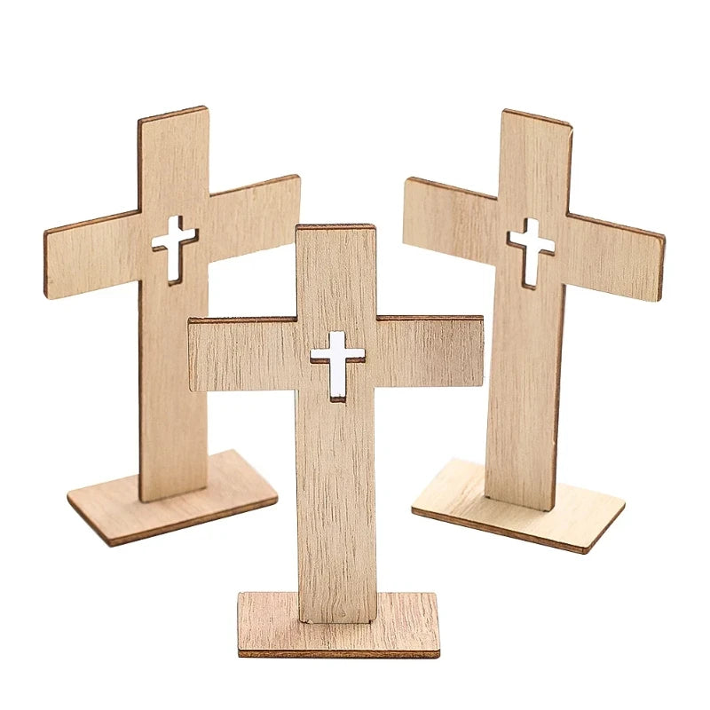 24pcs Wooden Cross Ornament Christian Symbol Diy Craft Decor Natural Wood Standing Cross For Church Home Prayer Festival Gift