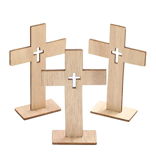 24pcs Wooden Cross Ornament Christian Symbol Diy Craft Decor Natural Wood Standing Cross For Church Home Prayer Festival Gift