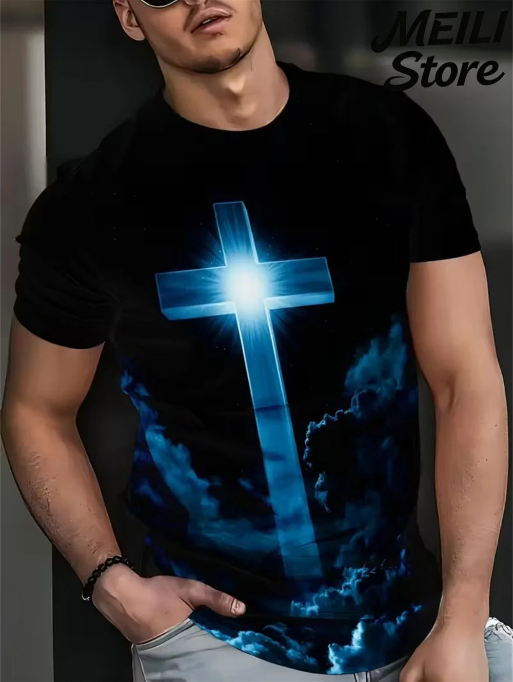 Men's 3D Jesus Print T-Shirt Short Sleeve Casual Crew Neck Praying Hands Design T Shirt for Men New in Oversized Tee Shirt Tops