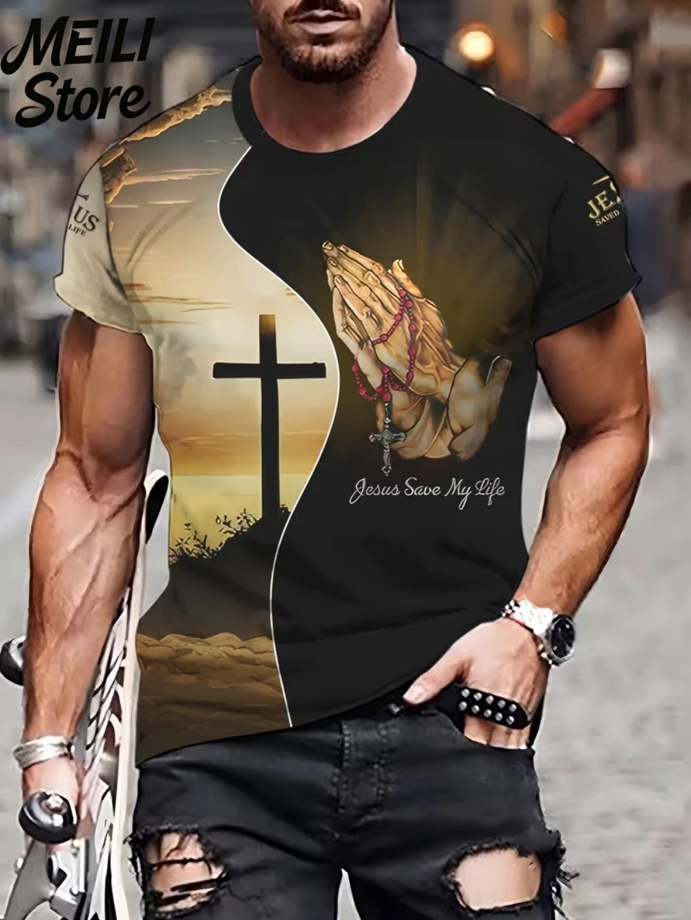 Men's 3D Jesus Print T-Shirt Short Sleeve Casual Crew Neck Praying Hands Design T Shirt for Men New in Oversized Tee Shirt Tops